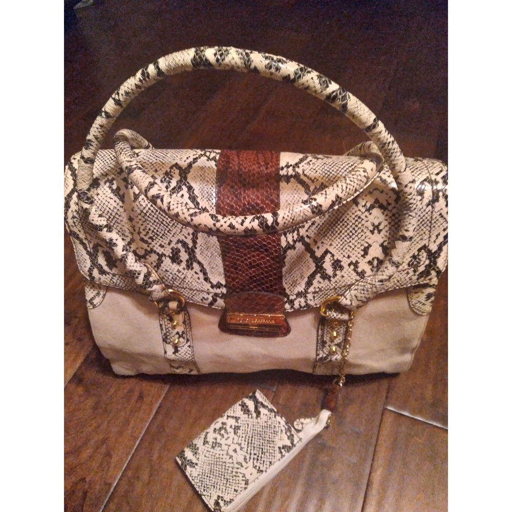 DOLCE & GABBANA Snakeskin Print Satchel Handbag Brown Trim Card Case